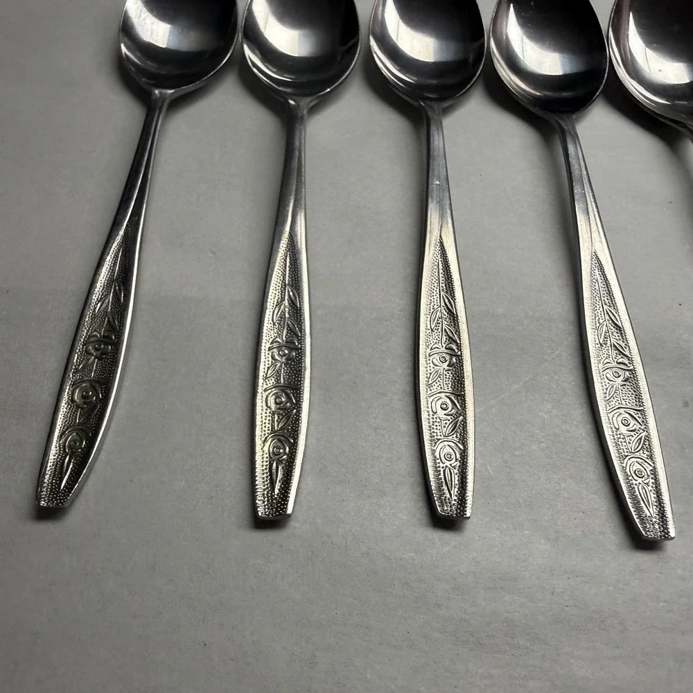 7 Vintage Customcraft CUS1 Dinner Place Spoons Roses Stainless Steel Flatware **